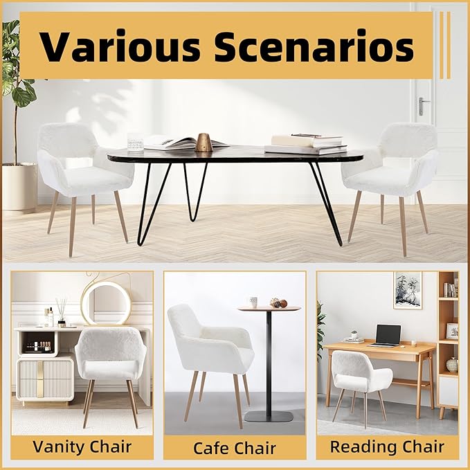 Furry Desk Chair Set of 2, Modern Home Office Chair Without Wheels, Faux Fur Vanity Chair with Hollow Backrest, Comfy Armchair Wood Frame with Strudy Metal Legs, White