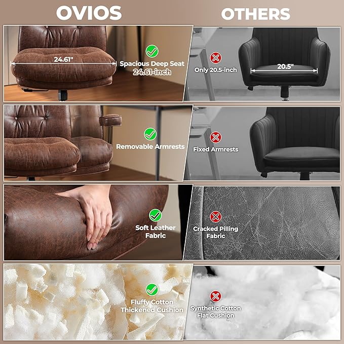 ovios Ergonomic Office Chair, High Back Faux Leather Executive Chairs with Thick Cushion, Comfy Mid-Century Modern Swivel Rolling Computer Armchair (Dark Brown, Suede Leather)