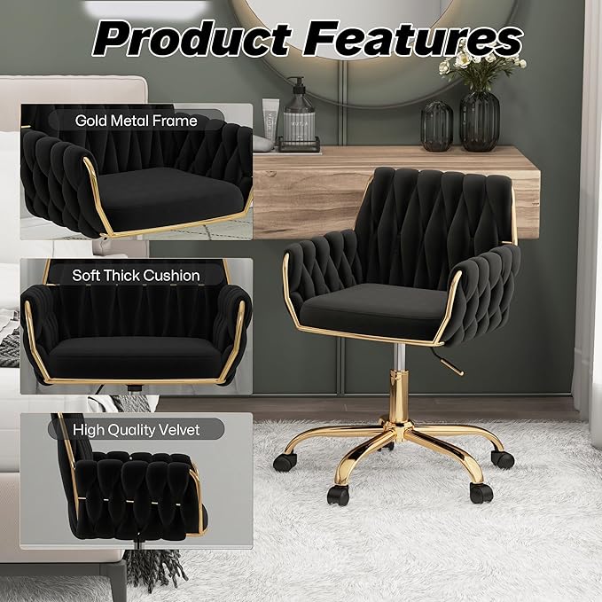 Woven 360°Swivel Desk Chair, Velvet Height Adjustable Home Office Armchair with Golden Base for Teens Women Girls, Upholstery Computer Chair for Home Studios and Office, Woven & Black