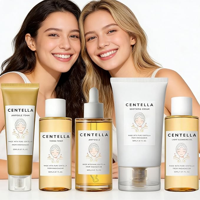 Centella Skincare Set for Women & Teens with Toner, Ampoule, Soothing Cream, Cleansing Oil, Ampoule Foam - Travel Basic Skincare Trial Mini Kit Gift Box Holiday Korean Skin Care Set