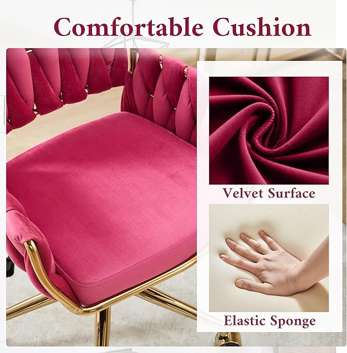 civama Velvet Office Desk Chair with Hand Woven Backrest, 360°Swivel & Height Adjustable Cute Girls Vanity Vlog Chairs, Nail Salon Bedroom Dressing Room Armchair with Gold Base and Wheels (Hot Pink)