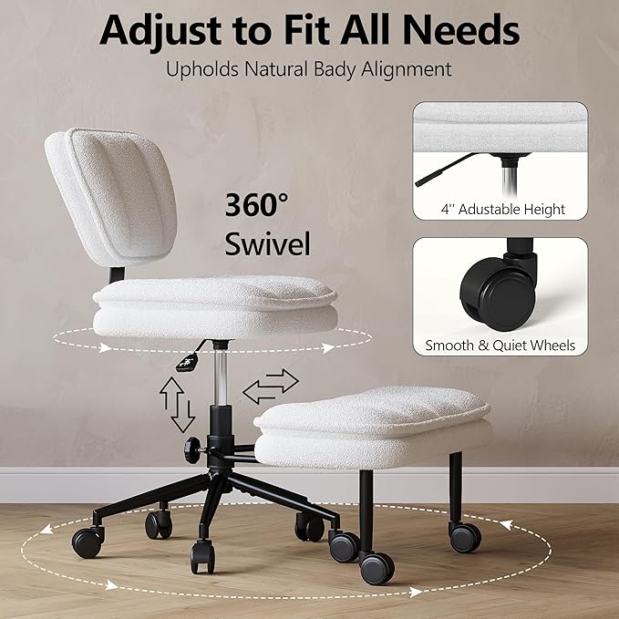 AODAILIHB Ergonomic Cross Legged Office Chair with Pull-Out Stool, 360° Swivel Teddy Fabric Meditation Chair with Wheels, Height Adjustable Kneeling Chair with Lumbar Support for Home Office, White