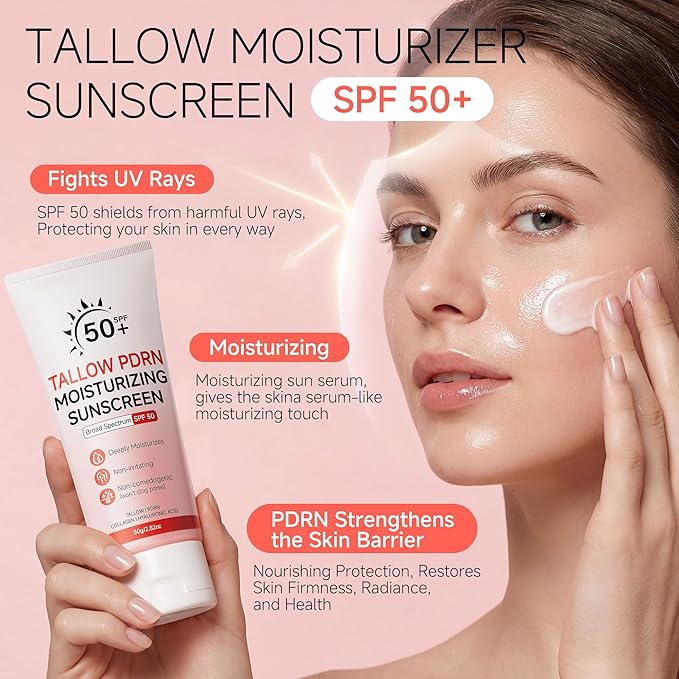 Beef Tallow Sunscreen With Non-Nano Zinc Oxide, Mineral Sunscreen SPF 50 Natural Sunscreens for Face and Body, Salmon PDRN Sunblock Moisturizing Sun Screen for Sensitive Skin & Kids, 2.82 OZ