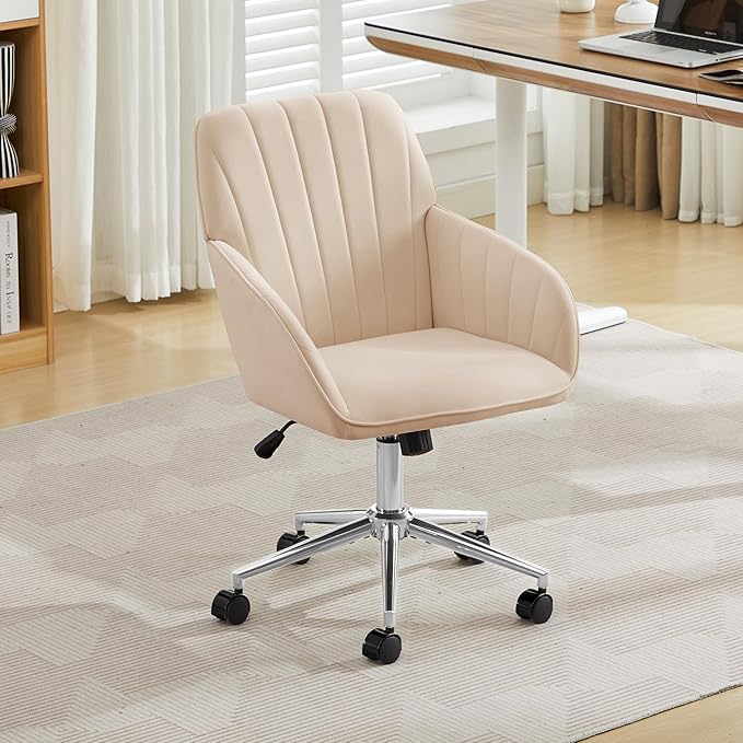 Velvet Home Office Desk Chair, Modern Cute Computer Task Chair with Back, Height Adjustable Upholstered Vanity Chair with Swivel Wheels for Women, Girls (Silver Base, Oatmeal