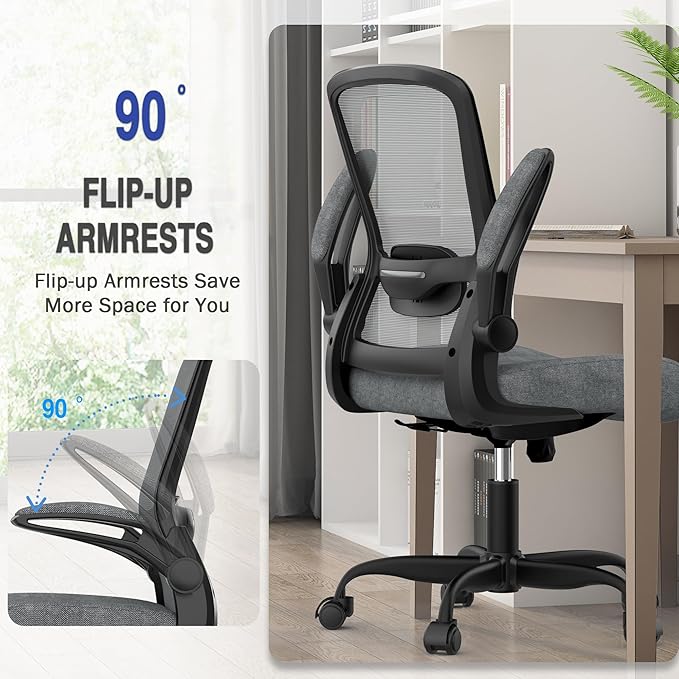 Mimoglad Ergonomic Office Chair - Desk Chair with Flip-up Armrests & 135° Recline, Adjustable Lumbar Support - Space-Saving Task Chair for Business/Team Office & Home (Iron Gray, 300lbs)
