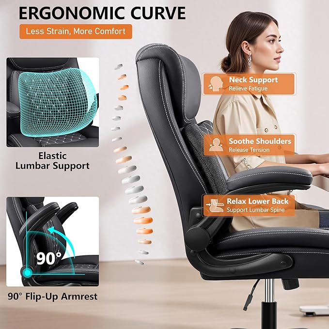 Office Chair, Ergonomic Computer Desk Chairs with Lumbar Support for Lower Back Pain Relief, Executive Leather Home Chair Comfy with Padded Flip-up Armrests, Black