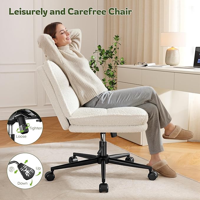 Criss Cross Chair with Wheels, 7" Extra Thick Cross Legged Office Chair, Height Adjustable Swivel Design for Home Office, Study & Vanity,White