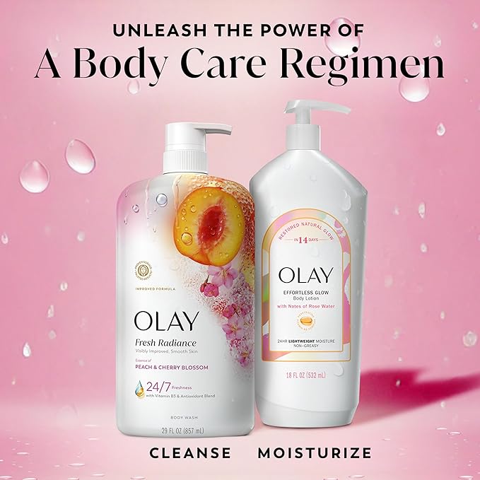 Olay Body Wash for Women, Fresh Radiance, 24/7 Skin-Loving Freshness, Visibly Radiant, Plant Based Cleansers, Vitamin B3 & Antioxidant Blend, For All Skin Types, Peach & Cherry Blossom Scent, 29 fl oz