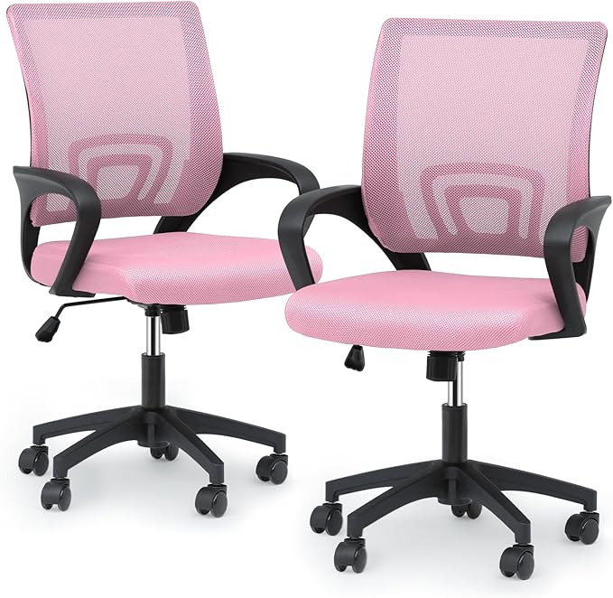 Magshion Ergonomic Office Chair Pack of 2, Mid-Back Mesh Desk Chair, Adjustable Swivel Computer Chair with Lumbar Support & Breathable Backrest for Gaming, Work, Study, 300 Lbs Capacity, Pink