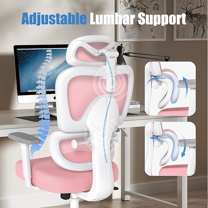 Ergonomic Office Chair with Adjustable Lumbar Support, 3D Arms and Headrest, High Back Wide Desk Computer Chair with Wheels, for Home & Office, Pink