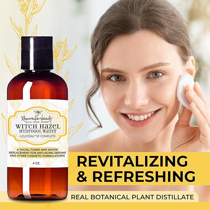 RESURRECTIONbeauty Witch Hazel Hydrosol with Leucidal® SF Complete | Alcohol Free Facial Toner & Witch Hazel Distillate Base Ingredient for Clay Masks & DIY Hyaluronic Acid Serum, 4oz