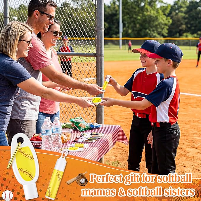 Demissle 12 Sets Softball Party Favors Mini Sunscreen and Sunscreen Lip Balms Bulk Spf 30 Travel Size 1oz Lotion with Carabiner Clip-on Lip Balms Packets for Team Women Birthday Gifts(Softball)