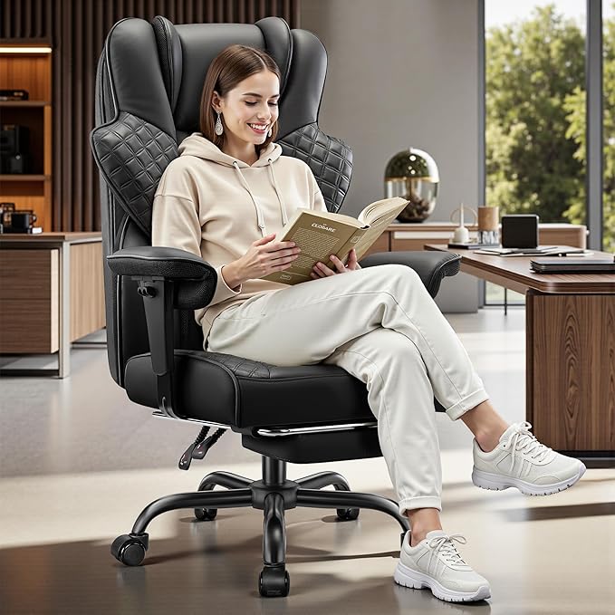 FelixKing Big and Tall Office Chair 500lbs - Ergonomic Desk Chair with Footrest, Scratch-Resistant PU Leather Computer Chair, 4D Lumbar Support Gaming Chair, Comfy Reclining Swivel Work Chair, Black