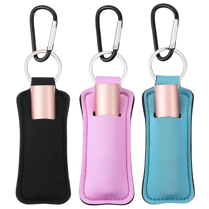3 Pcs Lip Balm Holder Lipgloss Holder Keychain Lipstick Sleeve Keychain Cute LipBalm Case with Clip Handmade Neoprene Gift for Teen Girls Women