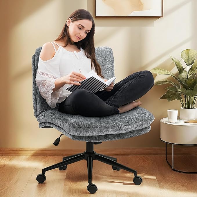 Dowinx Criss Cross Chair with Wheels, Dual-Layer Thickened Cushion, Premium Fabric Morden Home Vanity Chair Wide Seat, Ash Gray