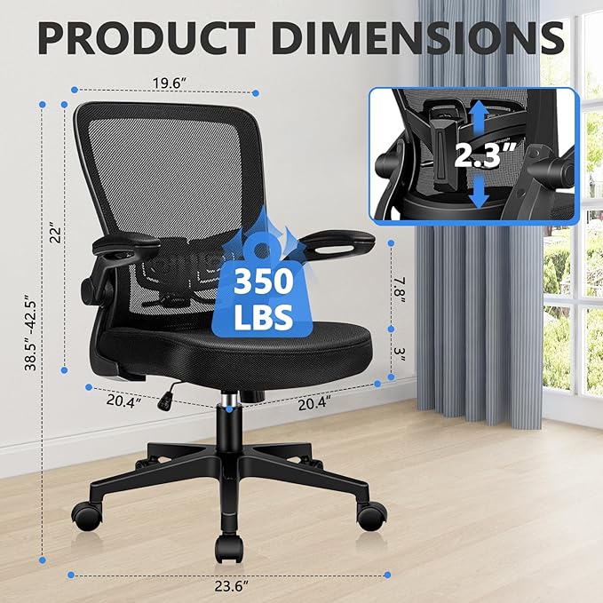 Desk Chairs with Wheels, Ergonomic Mesh Office Chair Adjustable Height and Swivel Lumbar Support Home Office Chair with Flip Up Armrests, Set of 12