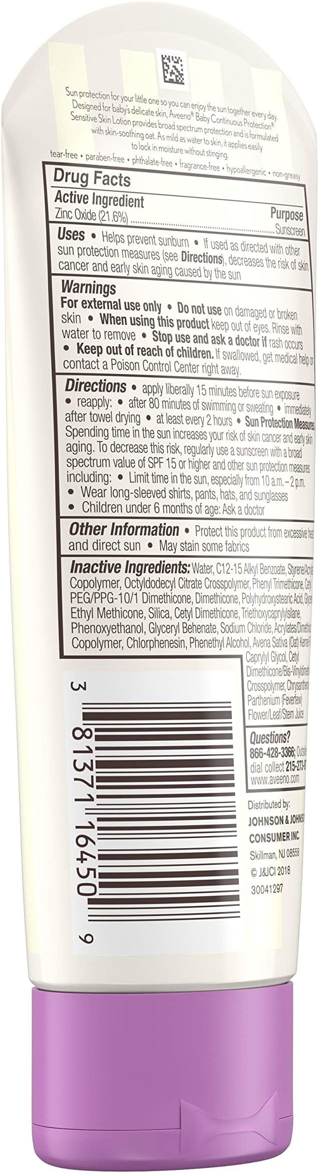 Aveeno Baby Continuous Protection Zinc Oxide Mineral Sunscreen Lotion for Sensitive Skin, Broad Spectrum SPF 50, Tear-Free, Sweat- & Water-Resistant, Paraben-Free, Travel-Size, 3 fl. oz