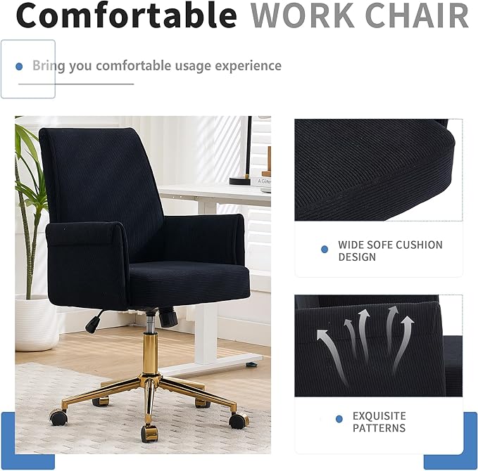 Stripes Velvet Home Office Desk Chair, Accent Upholstered Modern Height Adjustable Swivel Chair with Wheels,Ergonomic Task Chair for Living Room,Bedroom,Vanity,Study,Office（Black）