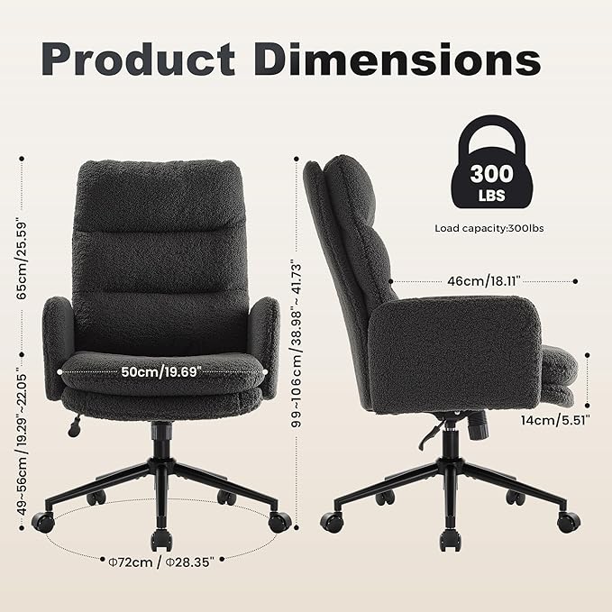 IWMH Swivel Office Desk Chair, High-Back Armchair with Wheels, Height Adjustable Home Office Chair with Armrests,Upholstered Computer Task Chair, Leisure Armchair Cashmere (Dark Grey)