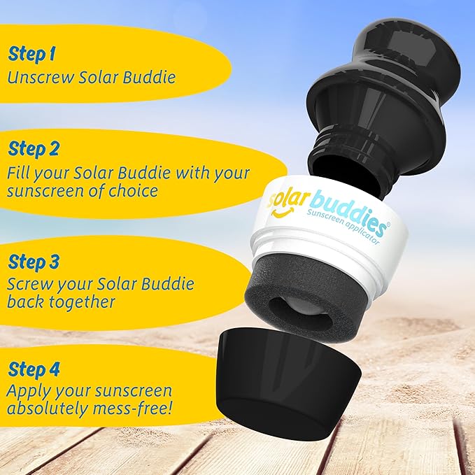Solar Buddies Grab & Go Travel Bundle, Carabina Clip & Cleaning Brush - Single Full Black - Refillable Roll on Sponge Sunscreen, Suncream & Lotion Applicator For Kids, Adults & Families - Holds 100ml