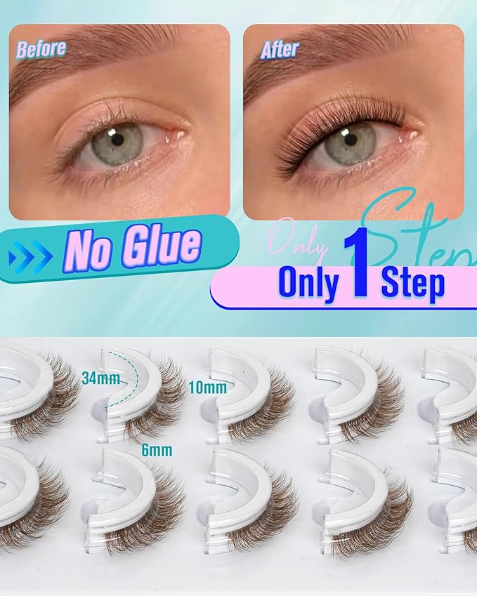 Brown Waterproof Reusable Self Adhesive Eyelashes 5 Pairs Stick on False Eyelashes, Pre Glued Lashes, No Glue Needed, Wispy Glueless Lashes Reusable Self Adhesive False Eyelashes (Brown 864)