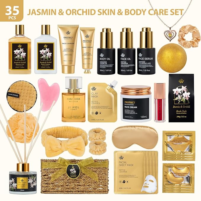 35 Pcs Valentines Day Gifts for Women, Orchid Spa Gift Basket Set, Self-Care Relaxation Kit, Face Skin Care Set, Bath & Body Care Set, Bath Bomb, Birthday, Mother's Day, Christmas, Wife, Anniversary