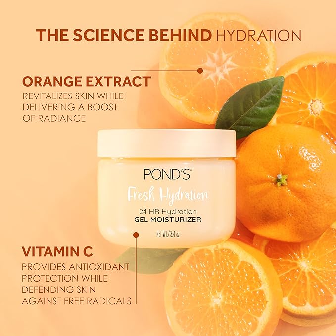 POND’S Fresh Hydration Gel Moisturizer – 24 HR Hydration with Orange Extract & Vitamin C – Alcohol & Oil-Free Face Moisturizer – Dermatologist Tested, 3.4 oz