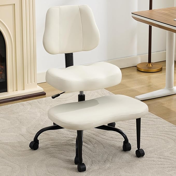Ergonomic Cross Legged Office Chair, Criss Cross Chair with Wheels, 360°Swivel ADHD Meditation Kneeling Yoga Seat with Adjustable Height, Ergonomic Back Support and Leg Rest, Leather (White)