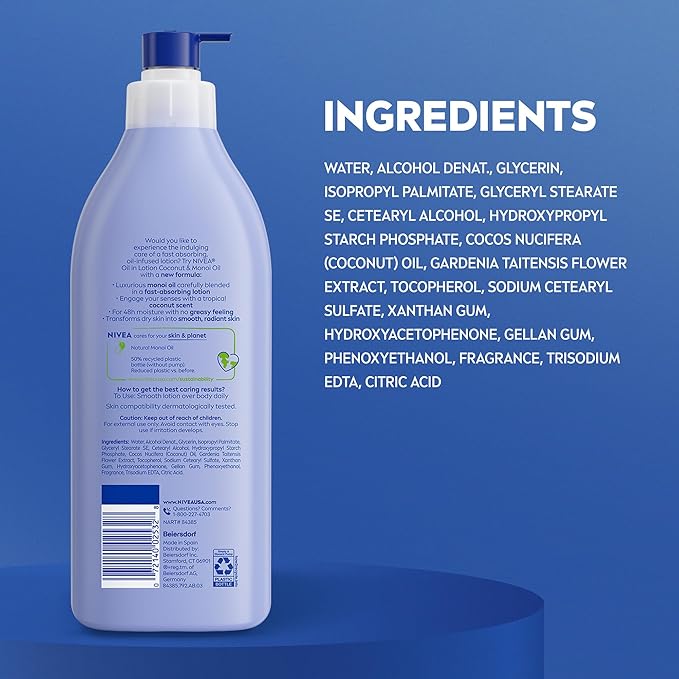 NIVEA Oil Infused Lotion Coconut and Monoi Oil Body Lotion for Women, Fast-Absorbing and Non-Greasy Coconut Scented Lotion Moisturizes for 48 Hours, 16.9 Fl Oz Pump Bottle