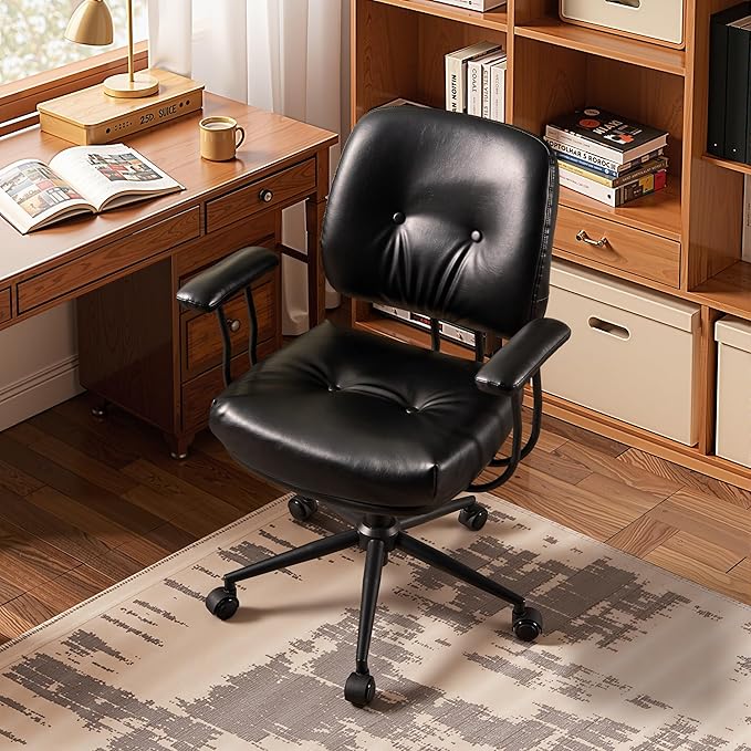 HOOOWOOO Ergonomic Office Chair,Mid Century Modern Computer Desk Chair,Comfy Executive Chair with Extra Wide Tufted Cloudy Seat Lumbar Support Rocking Back,PU Leather Black