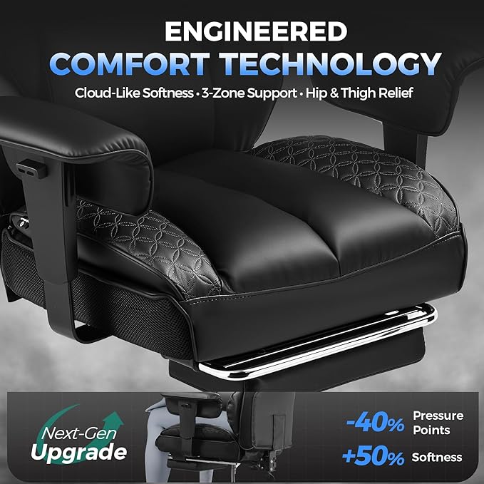 COMHOMA Big and Tall Office Chair Heavy Duty Gaming Chair with Deluxe Embossing Leather High Back Wider Ergonomic Computer Chair with Foot Rest 150°Reclining Pocket Spring Lumbar Support