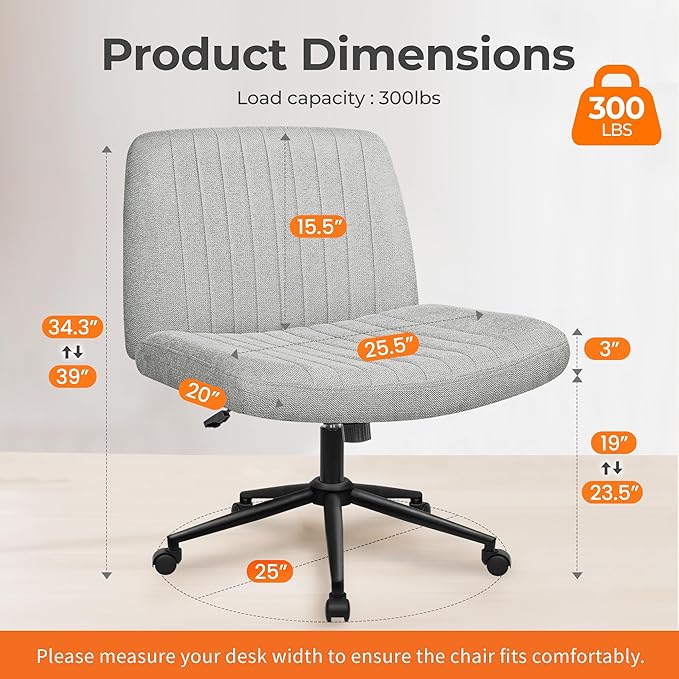 NEO Chair Criss Cross Chair with Wheels Armless Cross Legged Office Desk Wide Comfy Vanity Makeup Chair Adjustable Swivel Rolling Computer for Home Office Fabric (Grey)