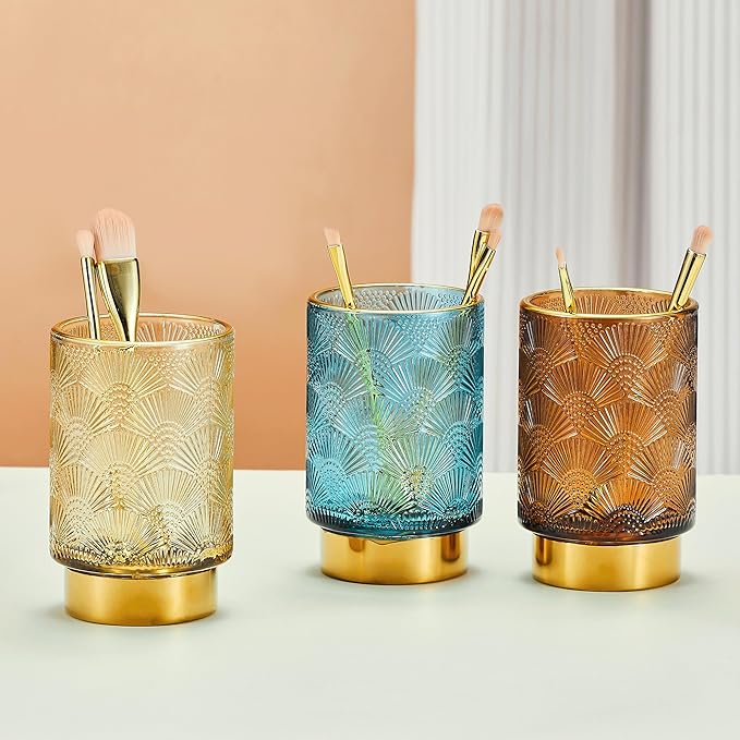 Makeup Brush Holder Organizer,Toothbrush Holders,Desk Pen Pencil Holder,Multifunctional Vintage Glass Brush Cup（A41-3-US）