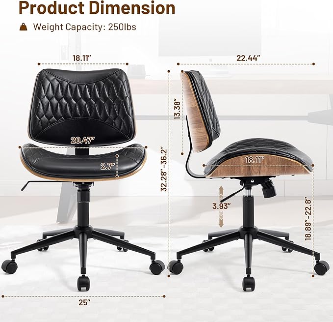 Walnut Bentwood Mid Back Armless Office Chair 2 Pack, Adjustable Height PU Leather Swivel Desk Chair with Wheels, Rolling Computer Task Chair for Home Office, Study, Meeting Room