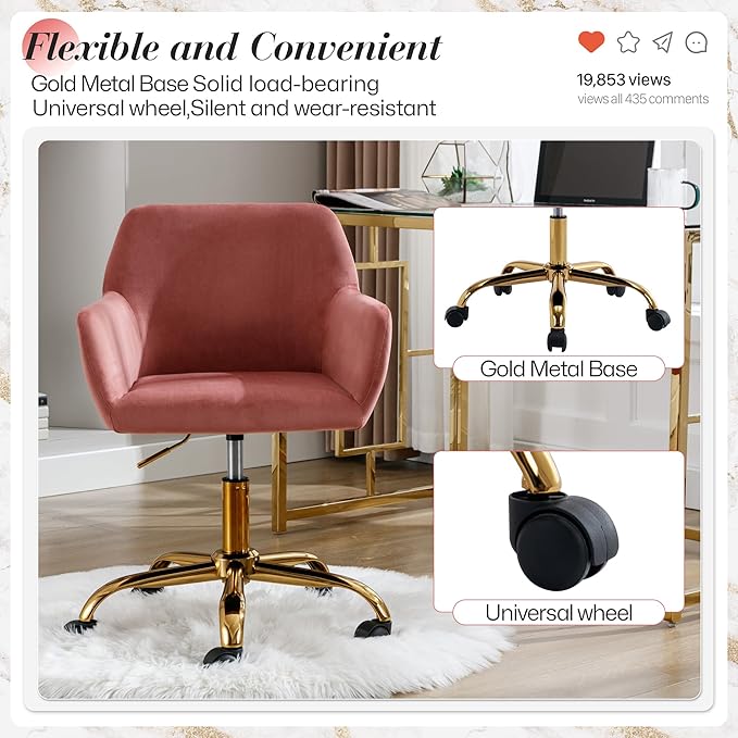 Faux Fur 360°Swivel Desk Chair, Modern Height Adjustable Home Office Armchair with Golden Base for Teens Women Girls, Upholstery Computer Chair for Home Studios, Velvet & Pink