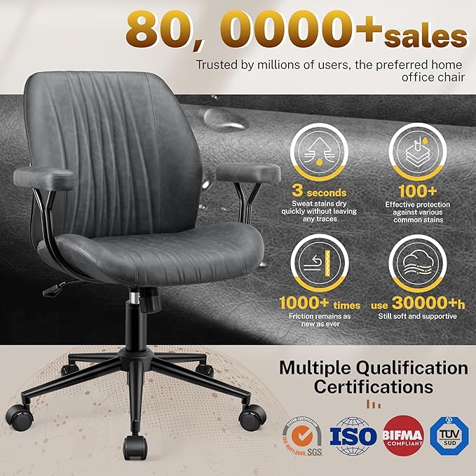 Leather Office Chair with Removable Armrests, Mid Back Ergonomic Desk Chair with Lumbar Support, Adjustable Height Rocking Swivel Executive Chair for Home Office, Dark Gray