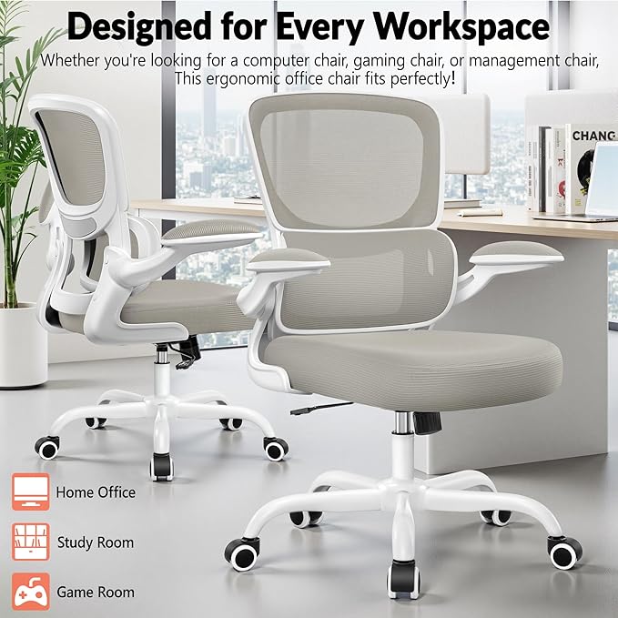 Office Chair Ergonomic Desk Chair, Breathable Mesh Comfy Chair with Lumbar Support, Computer Chair, Home Desk Chair with Flip-up Armrests, Gaming Chair for Adults Home Office (LightGray)