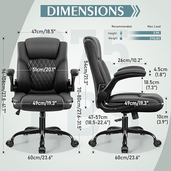 Leather Office Chair, PU Home Computer Desk Chairs with Ergonomic Back Support, 360°Swivel Free，Small Gmaing Chair with Wheels and Adjustable Armrests, for Short People Use, Black