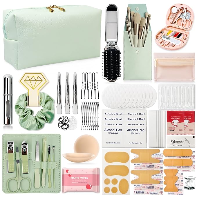 Women's Wedding Emergency Travel Kit 45 Essential Items for Brides Bridesmaid All-In-One Daily Beauty Style Set With Makeup Brushes (Aurora Green)