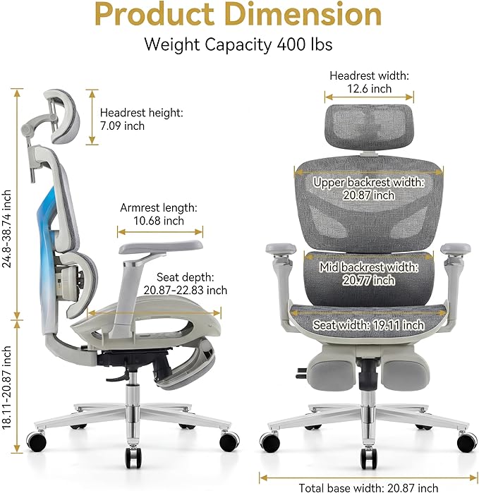 Ergonomic Office Chair with Footrest & Massage Lumbar Support – Adjustable Seat Depth & Back Height Reclining Big and Tall 400LBS Mesh Chair, 4D Headrest & 6D Armrests, for Home Office/Gaming(Gray)
