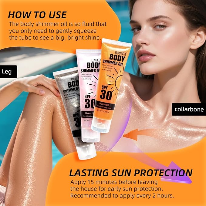 DAGEDA Body Glow Oil, SPF 30 Broad Spectrum Glitter Sunscreen, Lightweight, Non-sticky Sunscreen Body Shimmer, Sun Protection with Centella Asiatica Extract, UVA/UVB Protection, Bronze 3.4 fl.oz