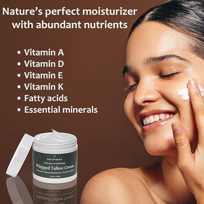 Whipped Beef Tallow Cream for Skin Care ‒ Grass Fed & Grass Finished ‒ 100% Natural Moisturizer for Sensitive Skin ‒ Handmade Face & Body Lotion ‒ Unscented & Odorless ‒ 3.4 oz.