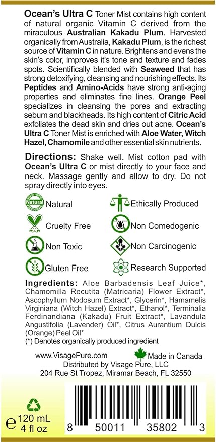 Ocean's Ultra C - Brightening and Detoxifying Anti-Aging Face Toner - Tightens and Clarifies The Skin and Minimizes Its Pores - USDA Organic - Physician Formulated - Research Supported