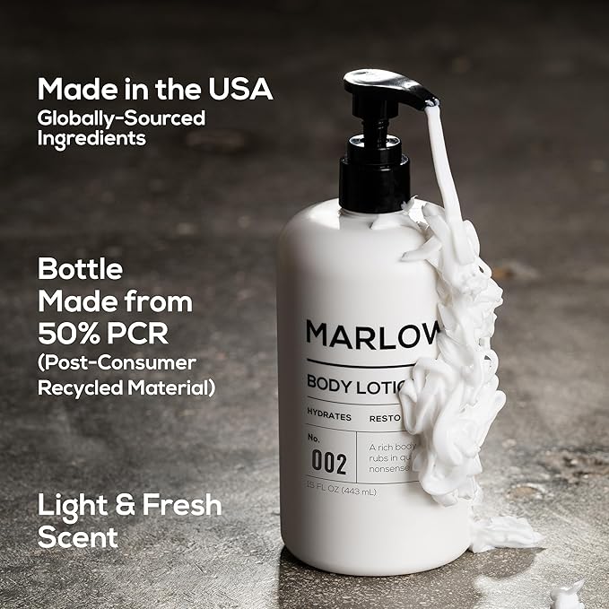 MARLOWE. No. 002 Body Lotion for Men, 15 oz Pump, Original, Revitalizing Dry Skin Lotion with Aloe Vera & Amino Acids, Hydrates & Nourishes, Lightly Scented