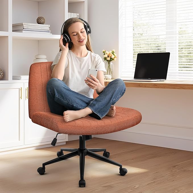 NEO Chair Criss Cross Chair with Wheels Armless Cross Legged Office Desk Wide Comfy Vanity Makeup Chair Adjustable Swivel Rolling Computer for Home Office Fabric (Brown)