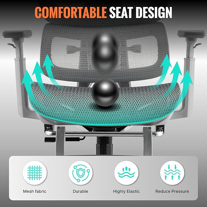 Ergonomic Mesh Office & Gaming Chair with Footrest, High Back Home Office Desk Chair, Comfortable Lumbar Support, 130° Tilt, Adjustable 3D Armrest & 2D Headrest (Grey)