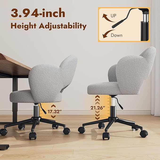 Petal Vanity Chair, Cute Vanity Chair with Wheels, Height Adjustable, Velvet Desk Chair for Study, Makeup & Relaxation, Grey