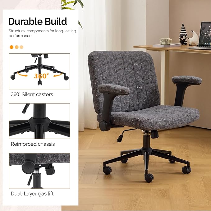 VINGLI Criss Cross Chair with Adjustable Flip-Up Arms,Cross Legged Chair with Wheels,Extra Wide Office Chair,Desk Chair for Home Office,Vanity,Bedroom, Apartment,Starry Chenille,Dark Grey