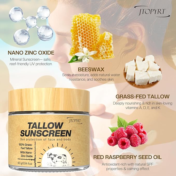 Beef Tallow Sunscreen: Tallow with Zinc Oxide & Beeswax - Natural Moisturizing Protection for Dry Sensitive Skin & All Ages, Non-Greasy Formula 60g