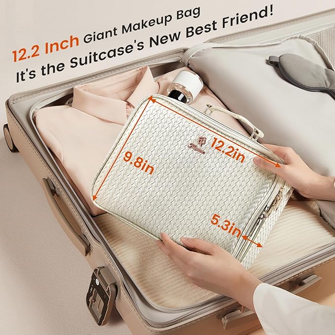 Makeup Bag with LED Lighted Mirror 12.2 IN Cosmetic Train Case Double Layer Makeup Case Adjustable Brightness in 3 Colors Cosmetic Organizer Artist Storage with Brush Holder Vanity Beige